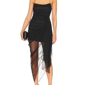 MAJORELLE Black Mesh Overlay Asymmetrical Gown Sz M Black Tie Witchy Holiday